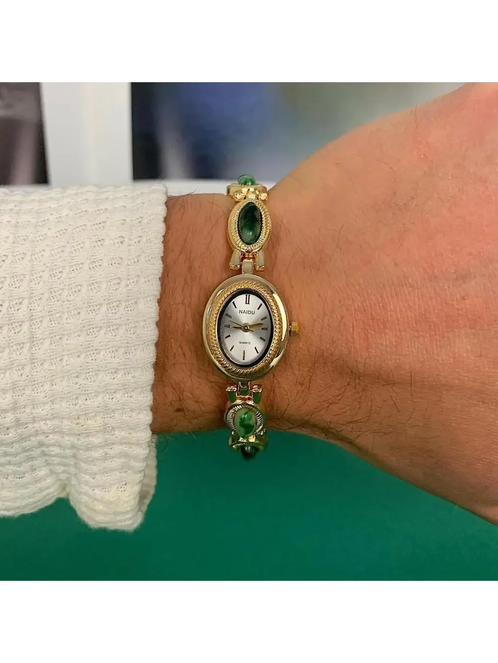 Y2K Gold Green Dainty Quartz Opal Jade Watch 8 Inch Unisex